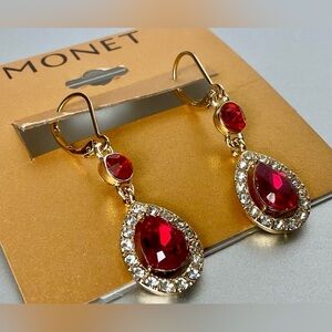 Monet Signed Red Crystal and Rhinestones Sparkling Teardrop Dangle Earrings
